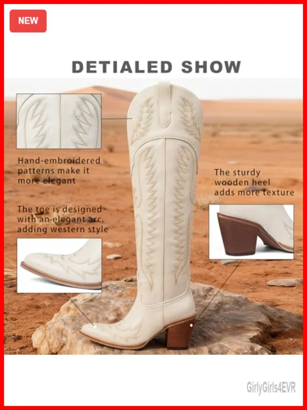Over the Knee Cowboy Boots Women Western Pointed Toe Leather Block Heel Slip On